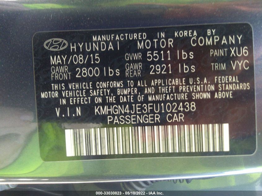 2015 HYUNDAI GENESIS 3.8L KMHGN4JE3FU102438