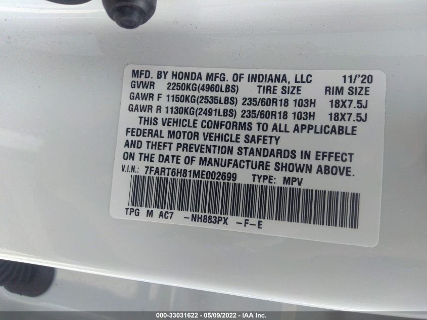 2021 HONDA CR-V HYBRID EX-L 7FART6H81ME002699