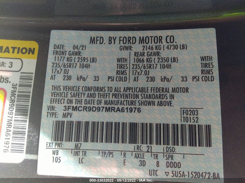 2021 FORD BRONCO SPORT BADLANDS 3FMCR9D97MRA61976