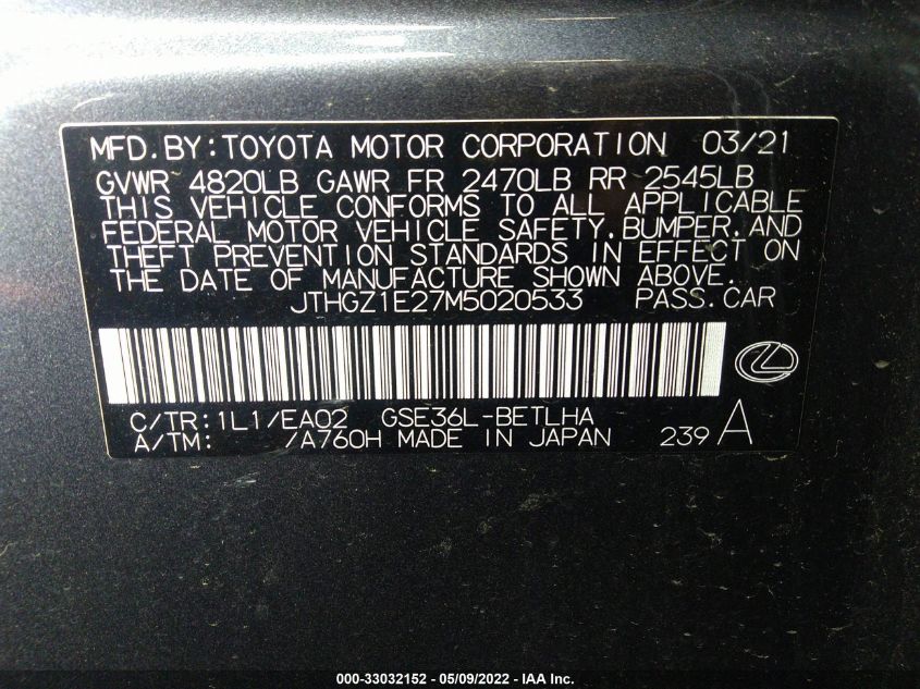2021 LEXUS IS IS 350 F SPORT JTHGZ1E27M5020533