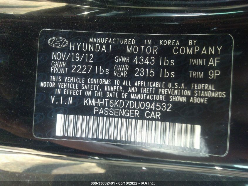 2013 HYUNDAI GENESIS COUPE 2.0T PREMIUM KMHHT6KD7DU094532