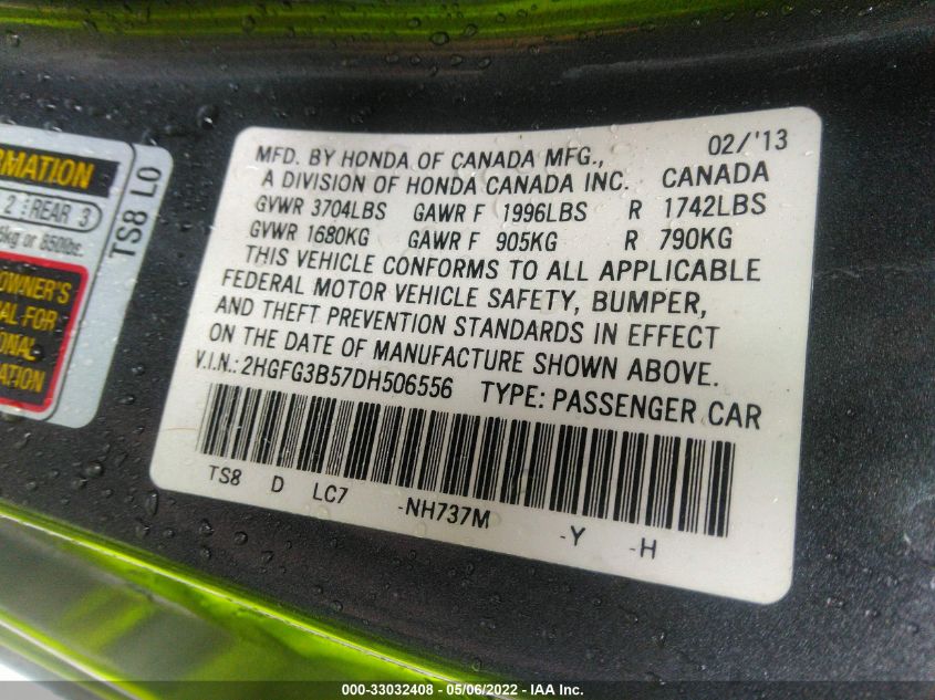 2013 HONDA CIVIC CPE LX 2HGFG3B57DH506556