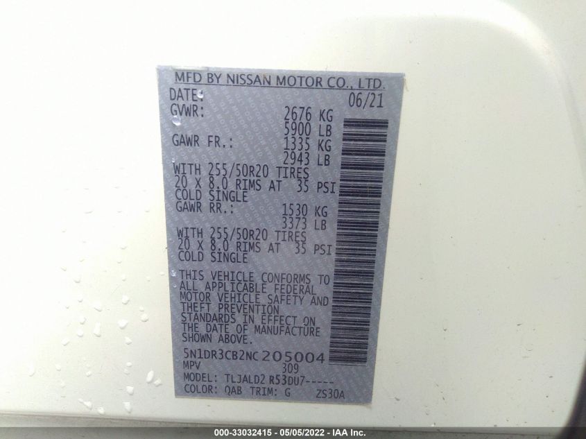 2022 NISSAN PATHFINDER SL 5N1DR3CB2NC205004
