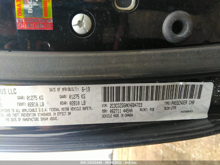 2019 DODGE CHALLENGER SXT 2C3CDZGG0KH684723