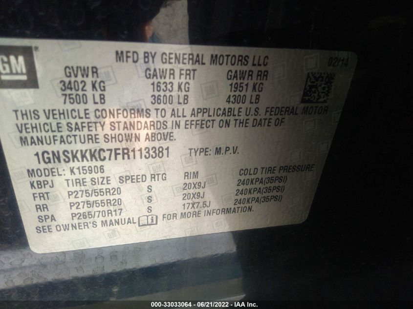 2015 CHEVROLET SUBURBAN LTZ 1GNSKKKC7FR113381