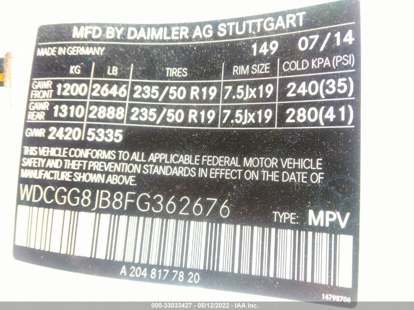 2015 MERCEDES-BENZ GLK-CLASS GLK 350 WDCGG8JB8FG362676