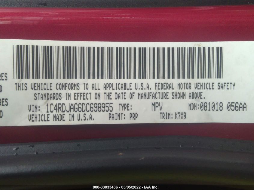 2013 DODGE DURANGO SXT 1C4RDJAG6DC698955
