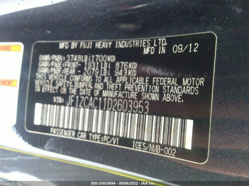 2013 SUBARU BRZ LIMITED JF1ZCAC11D2603953