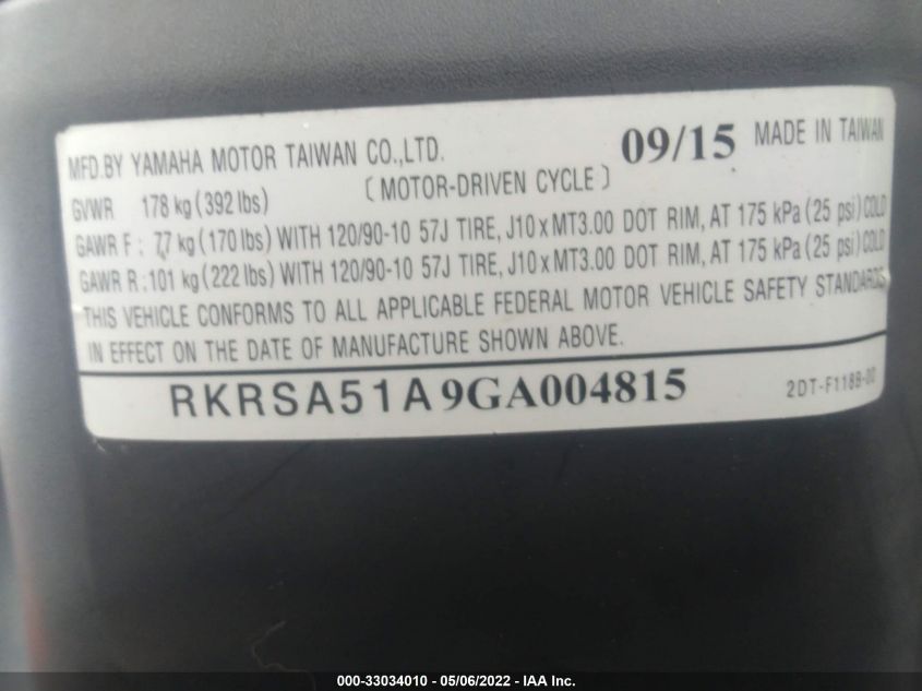 2016 YAMAHA YW50 FX RKRSA51A9GA004815