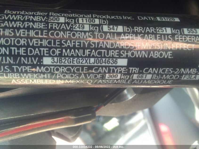 2020 CAN-AM RYKER RALLY EDITION 3JB2GEG2XLJ004636