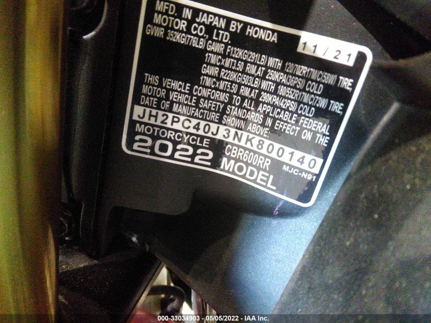 2022 HONDA CBR600 RA JH2PC40J3NK800140