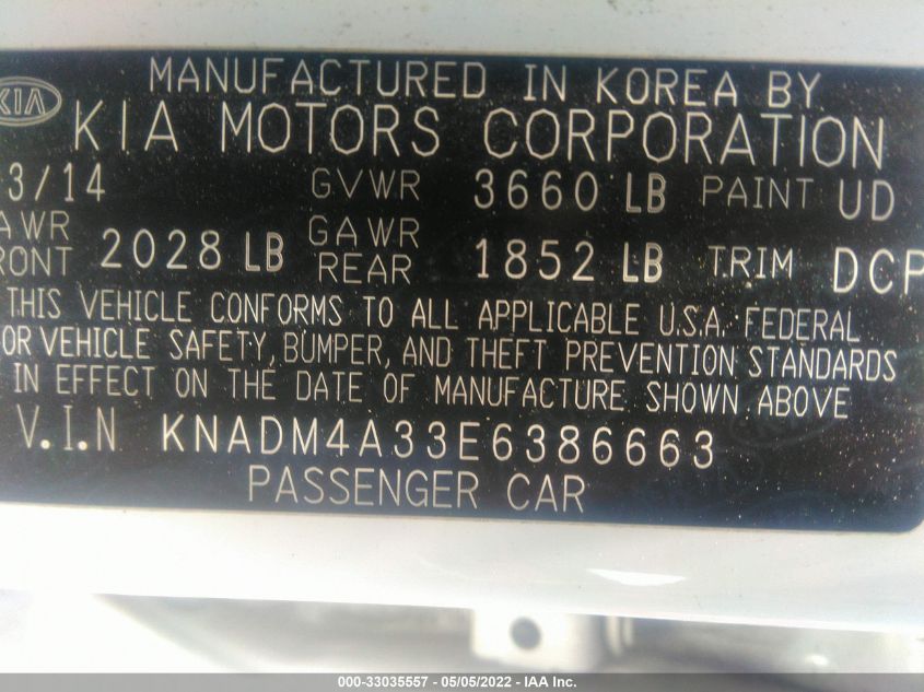 2014 KIA RIO LX KNADM4A33E6386663