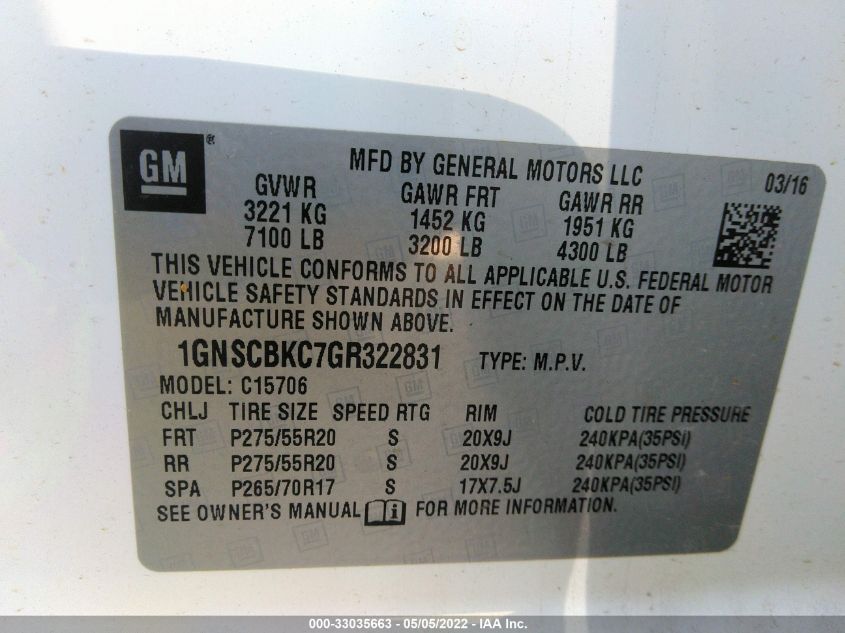 2016 CHEVROLET TAHOE LT 1GNSCBKC7GR322831