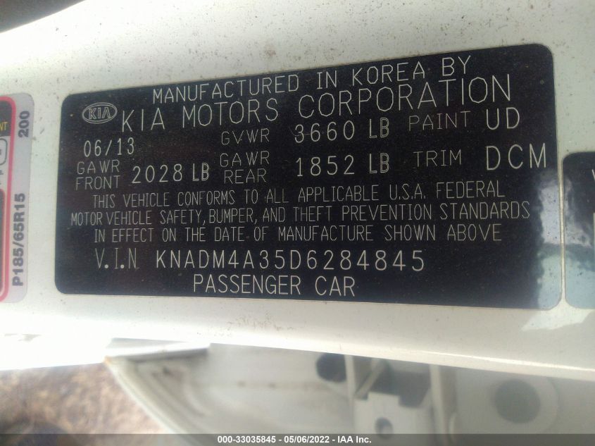 2013 KIA RIO LX KNADM4A35D6284845