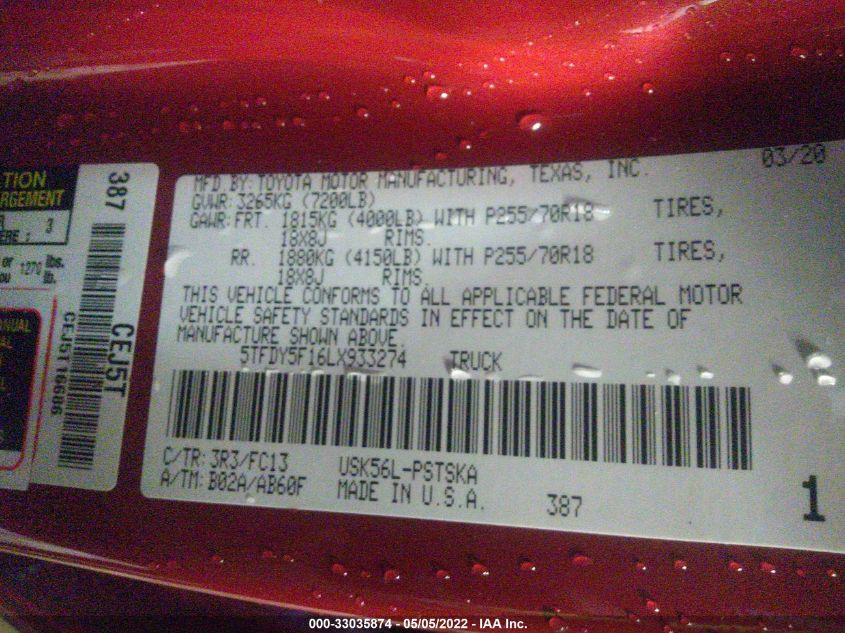 2020 TOYOTA TUNDRA 4WD SR5/TRD PRO 5TFDY5F16LX933274