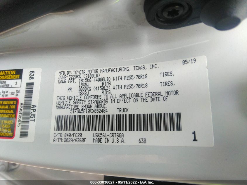 2019 TOYOTA TUNDRA 4WD SR5 5TFUW5F10KX852484