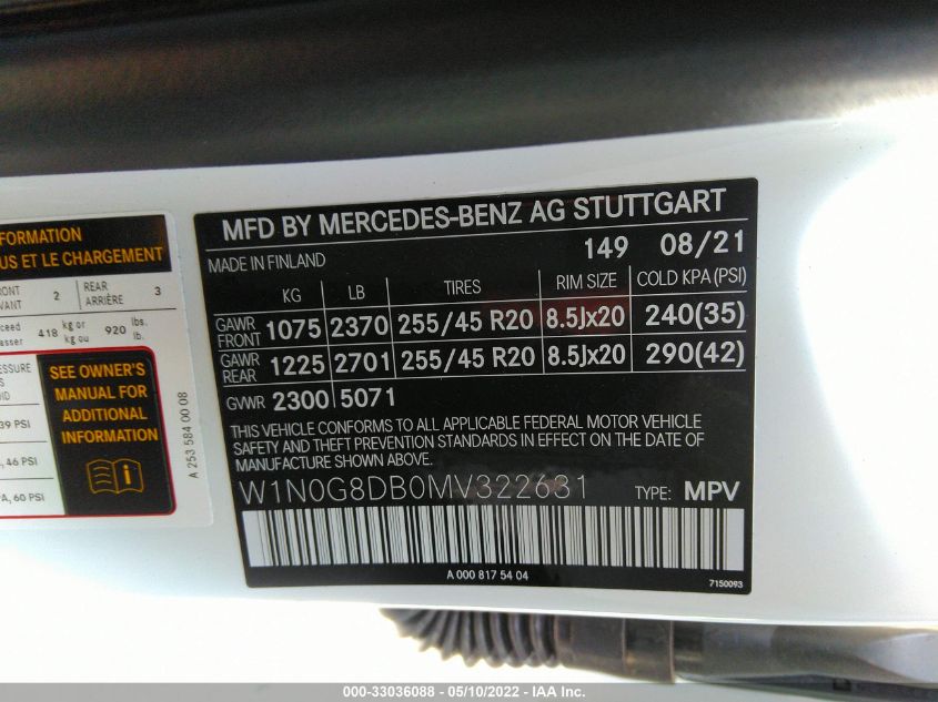 2021 MERCEDES-BENZ GLC GLC 300 W1N0G8DB0MV322631