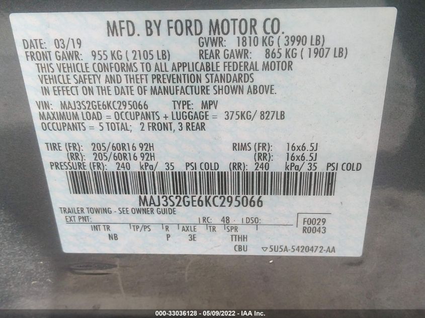 2019 FORD ECOSPORT SE MAJ3S2GE6KC295066