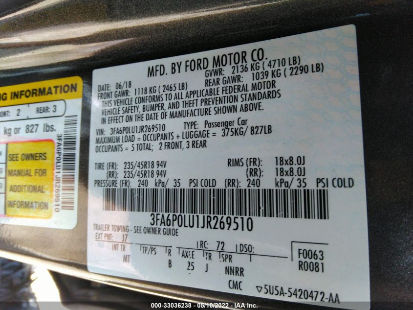 2018 FORD FUSION HYBRID SE HYBRID 3FA6P0LU1JR269510