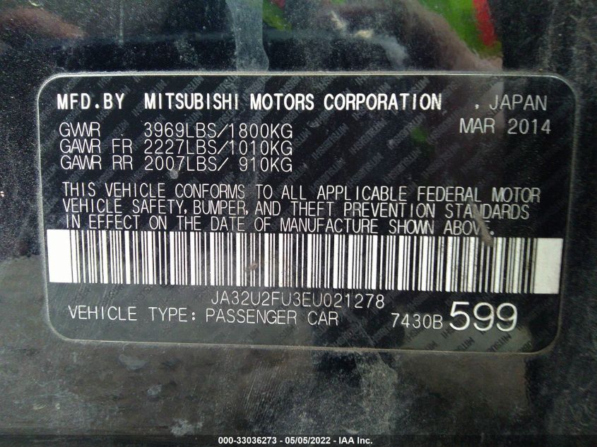 2014 MITSUBISHI LANCER ES JA32U2FU3EU021278