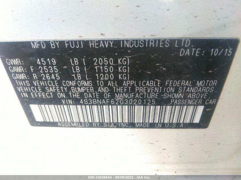 2016 SUBARU LEGACY 2.5I PREMIUM 4S3BNAF62G3020125