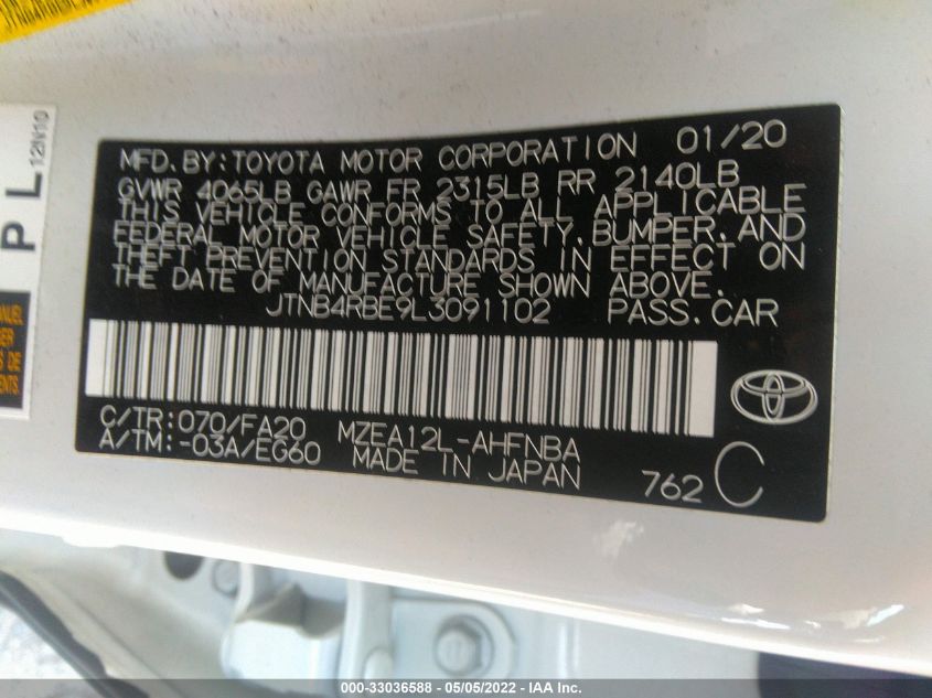 2020 TOYOTA COROLLA HATCHBACK SE/XSE JTNB4RBE9L3091102