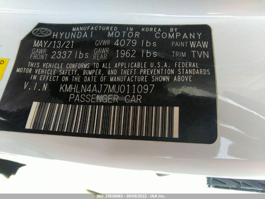2021 HYUNDAI ELANTRA HYBRID LIMITED KMHLN4AJ7MU011097