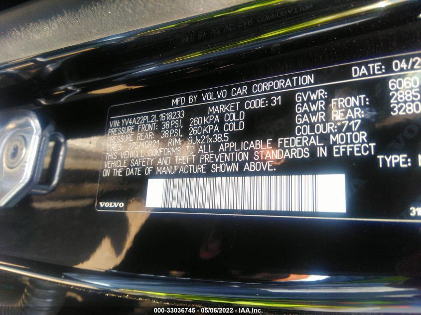 2020 VOLVO XC90 INSCRIPTION YV4A22PL2L1618233