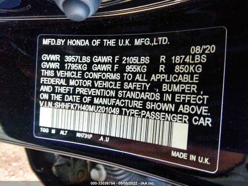 2021 HONDA CIVIC HATCHBACK SPORT SHHFK7H40MU201049