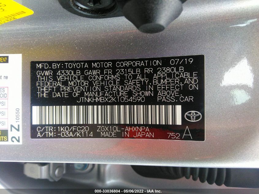 2019 TOYOTA C-HR XLE/LE/LIMITED JTNKHMBX2K1054590