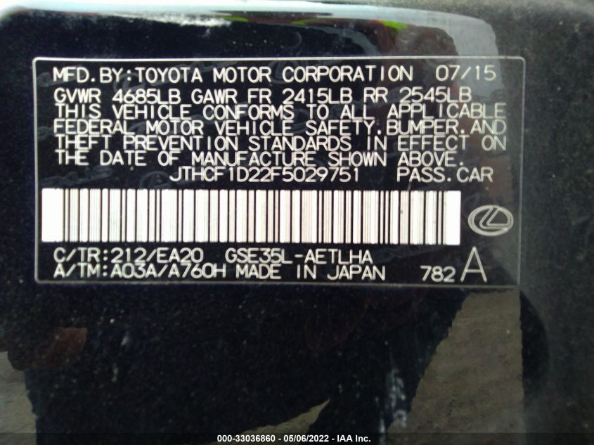 2015 LEXUS IS 250 JTHCF1D22F5029751