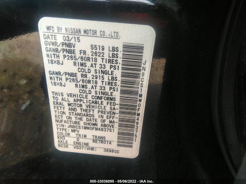 2015 INFINITI QX70 JN8CS1MW0FM483751