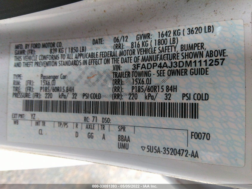 2013 FORD FIESTA VIN: 3FADP4AJ3DM111257