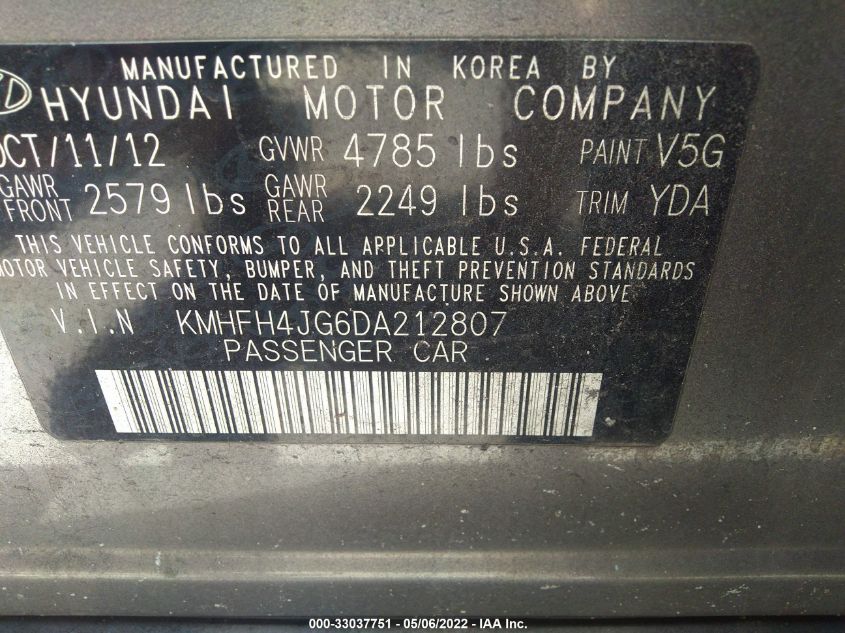 2013 HYUNDAI AZERA KMHFH4JG6DA212807