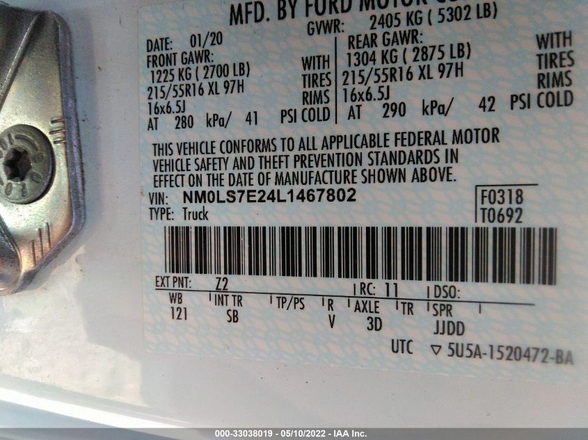 2020 FORD TRANSIT CONNECT VAN XL NM0LS7E24L1467802