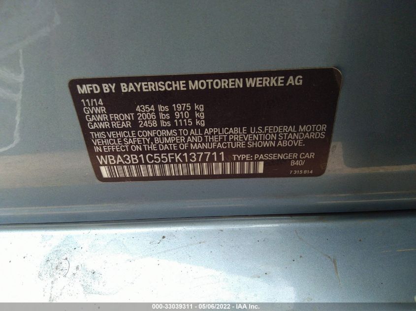 2015 BMW 3 SERIES 320I WBA3B1C55FK137711