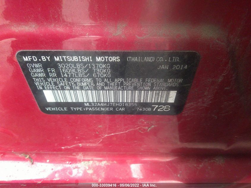 2014 MITSUBISHI MIRAGE ES ML32A4HJ7EH018355