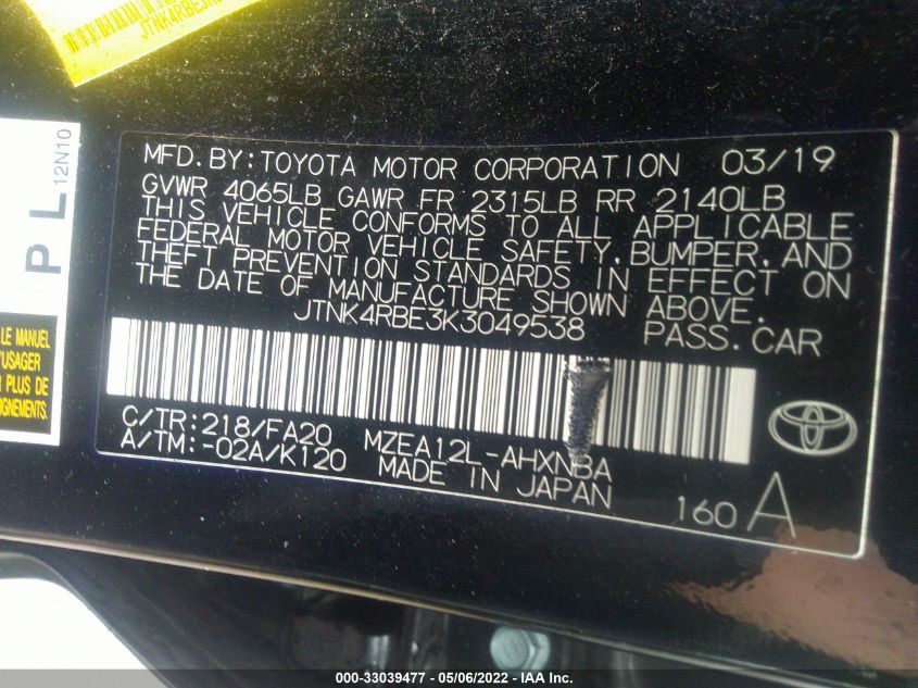 2019 TOYOTA COROLLA HATCHBACK SE/XSE JTNK4RBE3K3049538