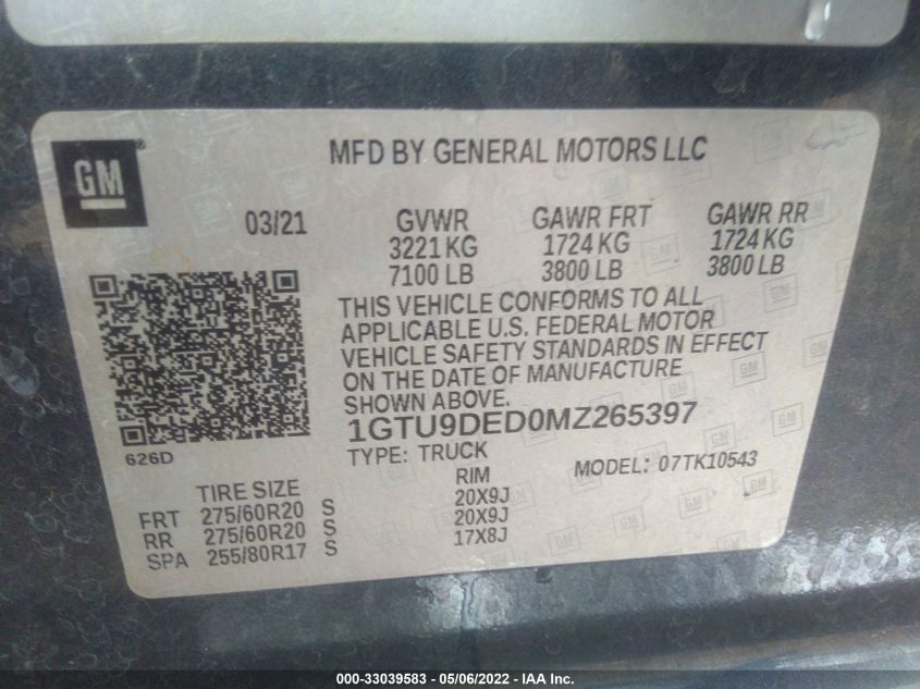 2021 GMC SIERRA 1500 SLT 1GTU9DED0MZ265397