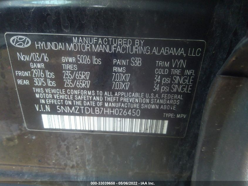2017 HYUNDAI SANTA FE SPORT 2.4L 5NMZTDLB7HH026450