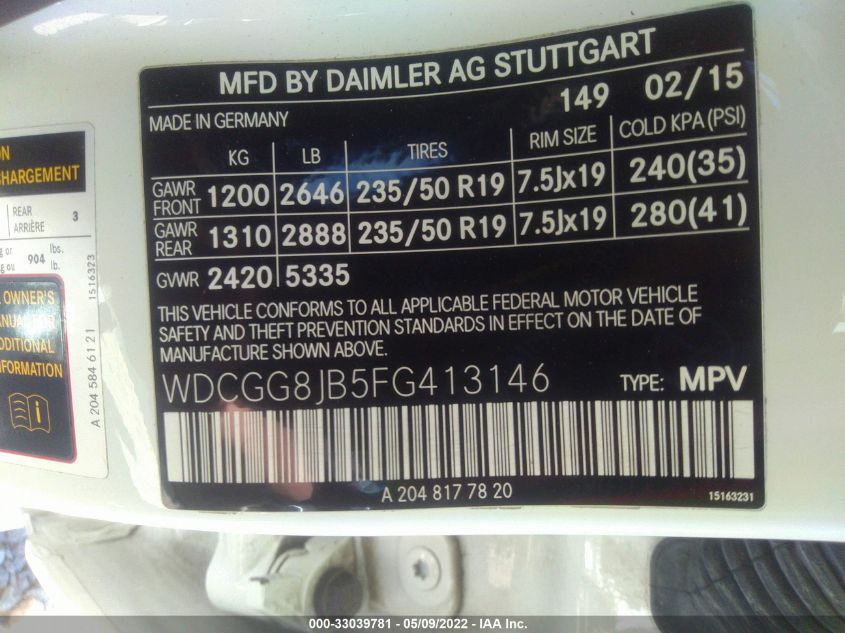 2015 MERCEDES-BENZ GLK-CLASS GLK 350 WDCGG8JB5FG413146