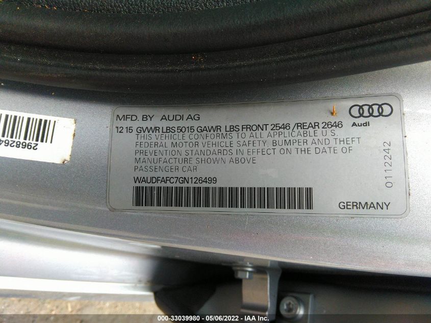 2016 AUDI A6 2.0T PREMIUM PLUS WAUDFAFC7GN126499