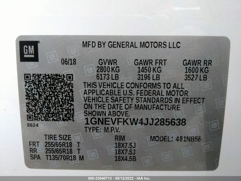 2018 CHEVROLET TRAVERSE LS 1GNEVFKW4JJ285638