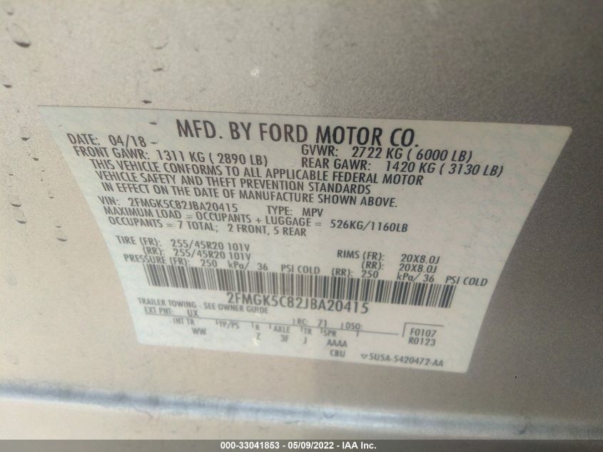 2018 FORD FLEX SEL 2FMGK5C82JBA20415