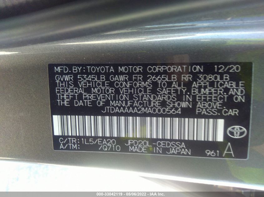 2021 TOYOTA MIRAI XLE/LIMITED JTDAAAAA2MA000564