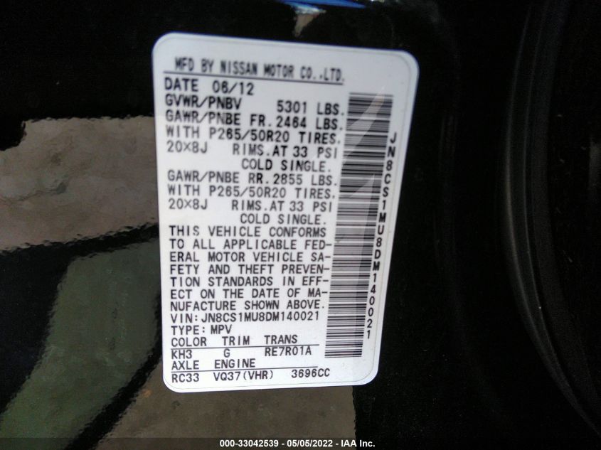 2013 INFINITI FX37 JN8CS1MU8DM140021