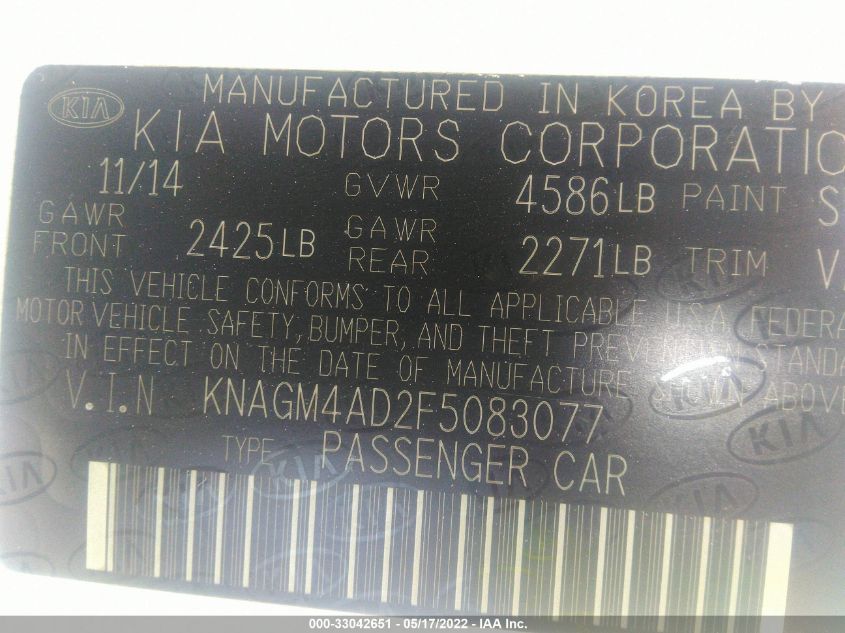 2015 KIA OPTIMA HYBRID KNAGM4AD2F5083077