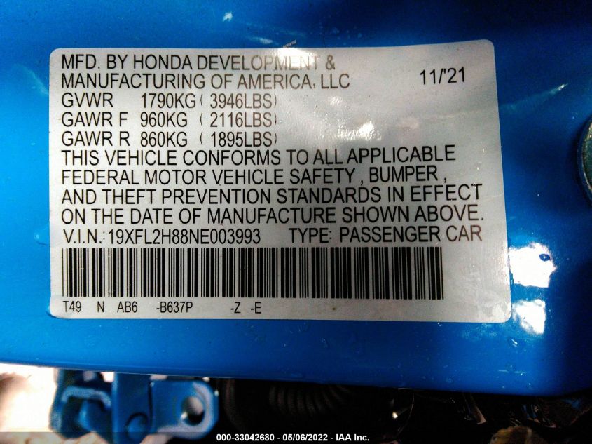 2022 HONDA CIVIC HATCHBACK SPORT 19XFL2H88NE003993