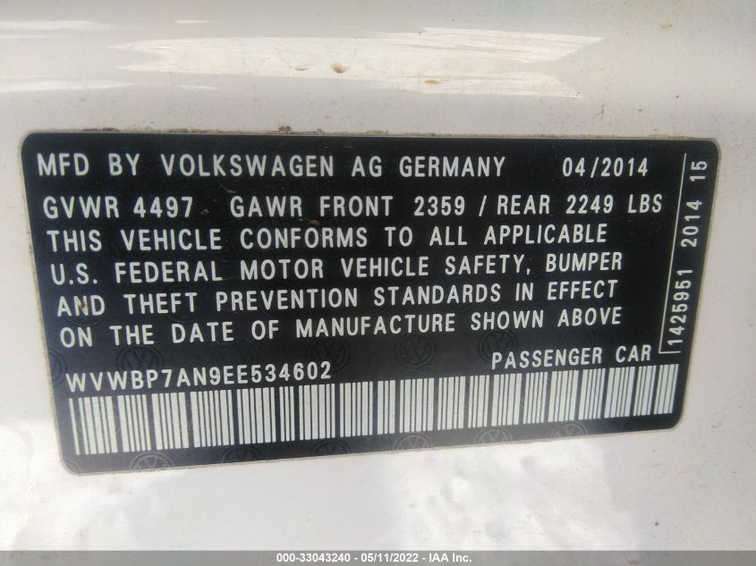 2014 VOLKSWAGEN CC SPORT WVWBP7AN9EE534602