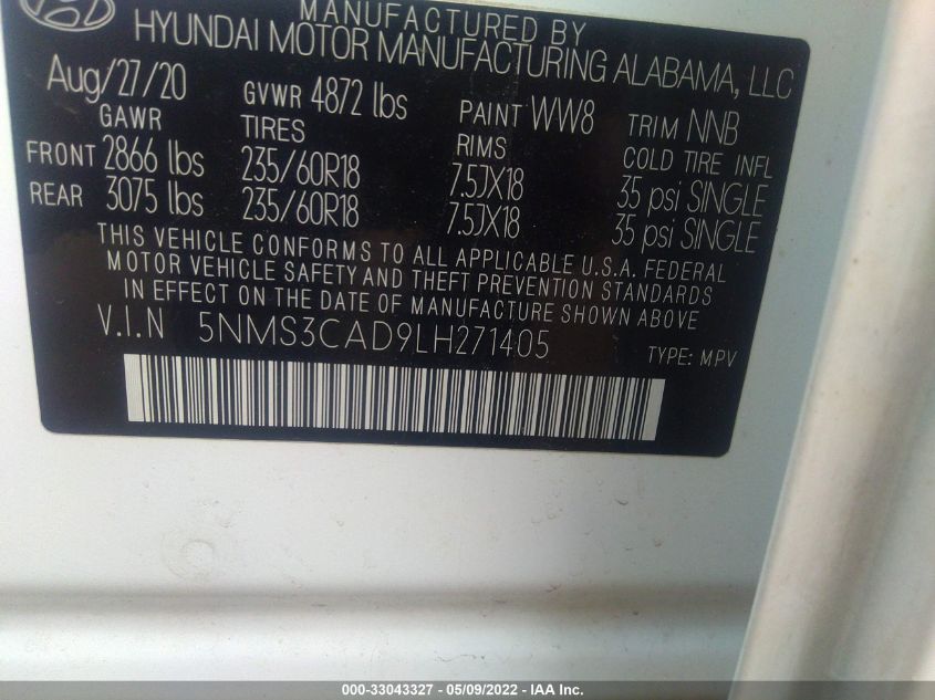2020 HYUNDAI SANTA FE SEL 5NMS3CAD9LH271405